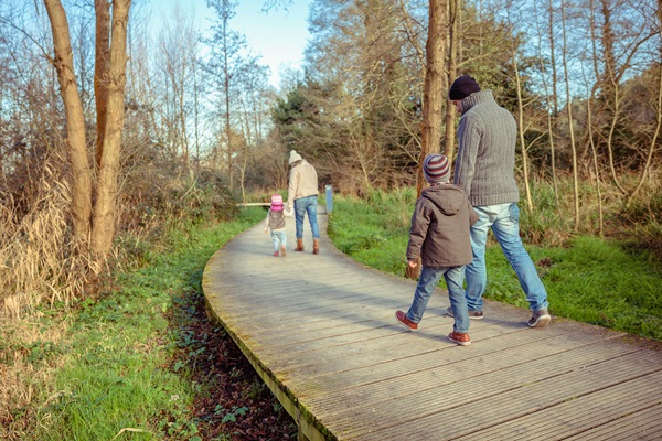 Familienwanderungen über einer Holzpfad in Hart van Limburg im Winter