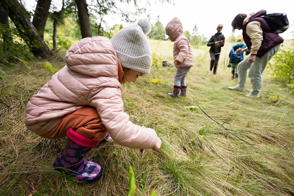 Kinderen maken een begeleide wandeling in de natuur, samen met ouders en een gids.